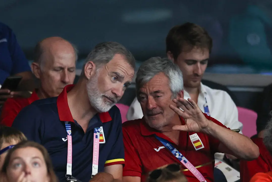 El rey Felipe VI y el presidente de la Real Federaci&oacute;n Espa&ntilde;ola de Nataci&oacute;n, Fernando Carpena (d) asisten al partido de cuartos de final de waterpolo femenino. EFE/ Sashenka Guti&eacute;rrez